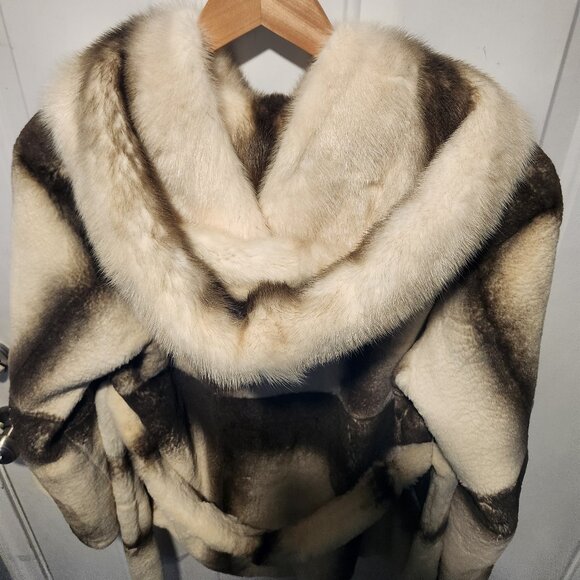 Womens Large Hooded Sheared Rex Rabbit Fur Jacket with Mink Fur Hood and Collar - Picture 7 of 11